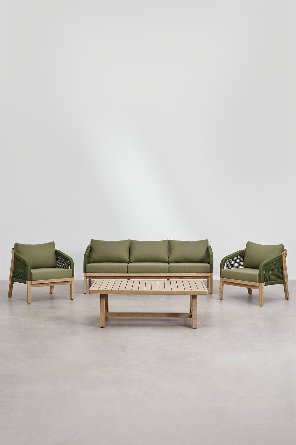 Komplektas DEXTER, sofa, 2 foteliai ir staliukas, kariuomenės žalia