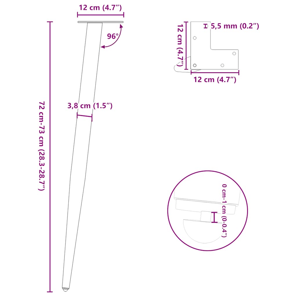 Konsolinio staliuko kojelės, 4 vnt., baltos, 72 - 73 cm, plienas, kūginės formos - Namų Idėja
