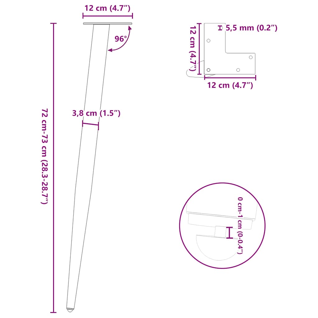Konsolinio staliuko kojelės, kūginės, 4 vnt., juodos, 72 - 73 cm, plienas - Namų Idėja