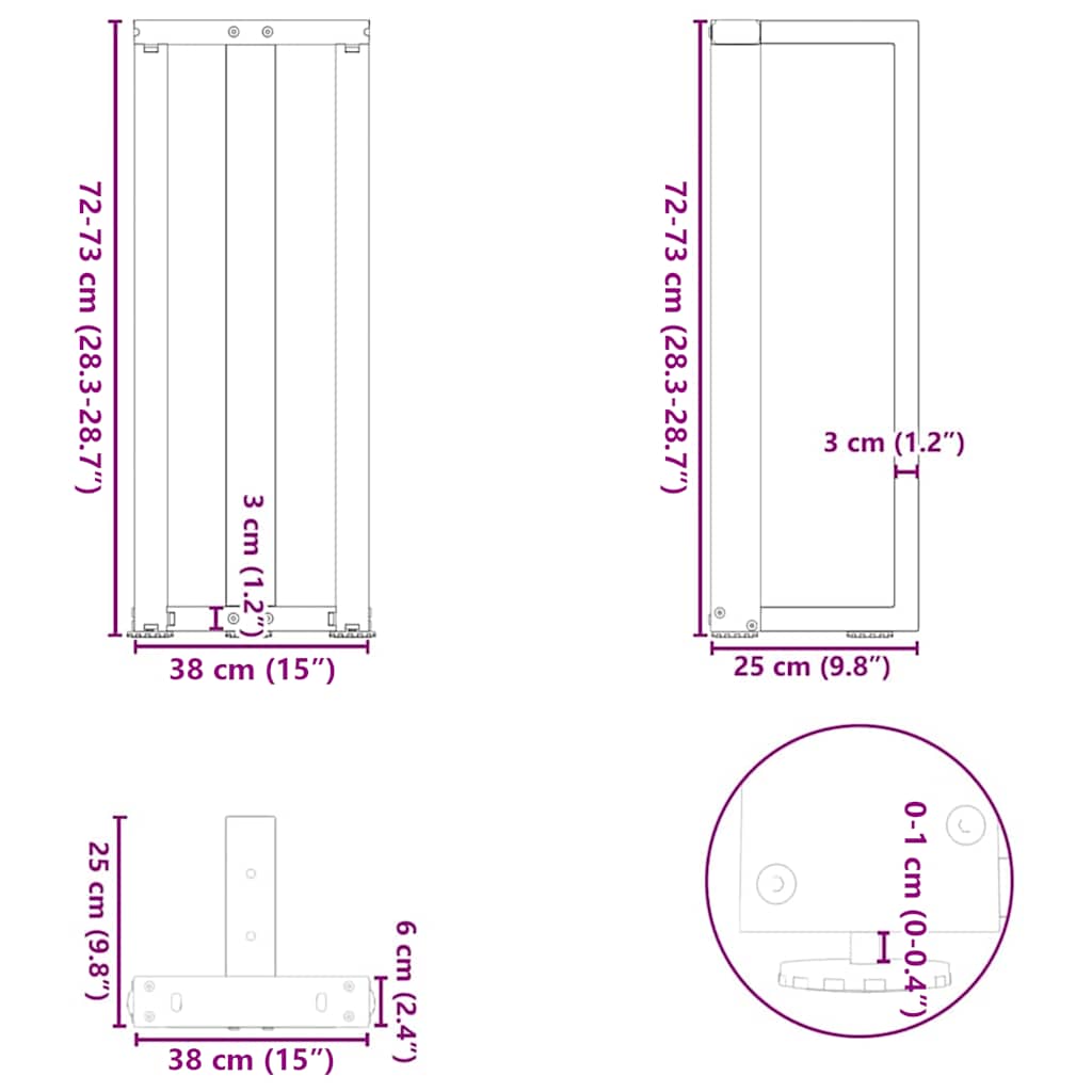 Konsolinio staliuko kojelės, T formos, 2 vnt., juodos, 38x25x(72 - 73) cm, plienas - Namų Idėja