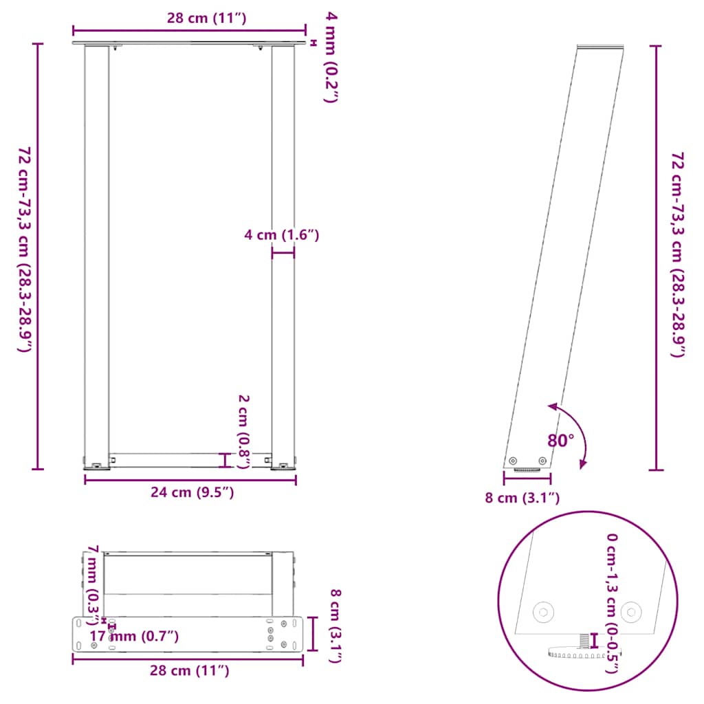 Konsolinio stalo kojelės, U formos, 2 vnt., baltos, 28x(72 - 73) cm, plienas - Namų Idėja