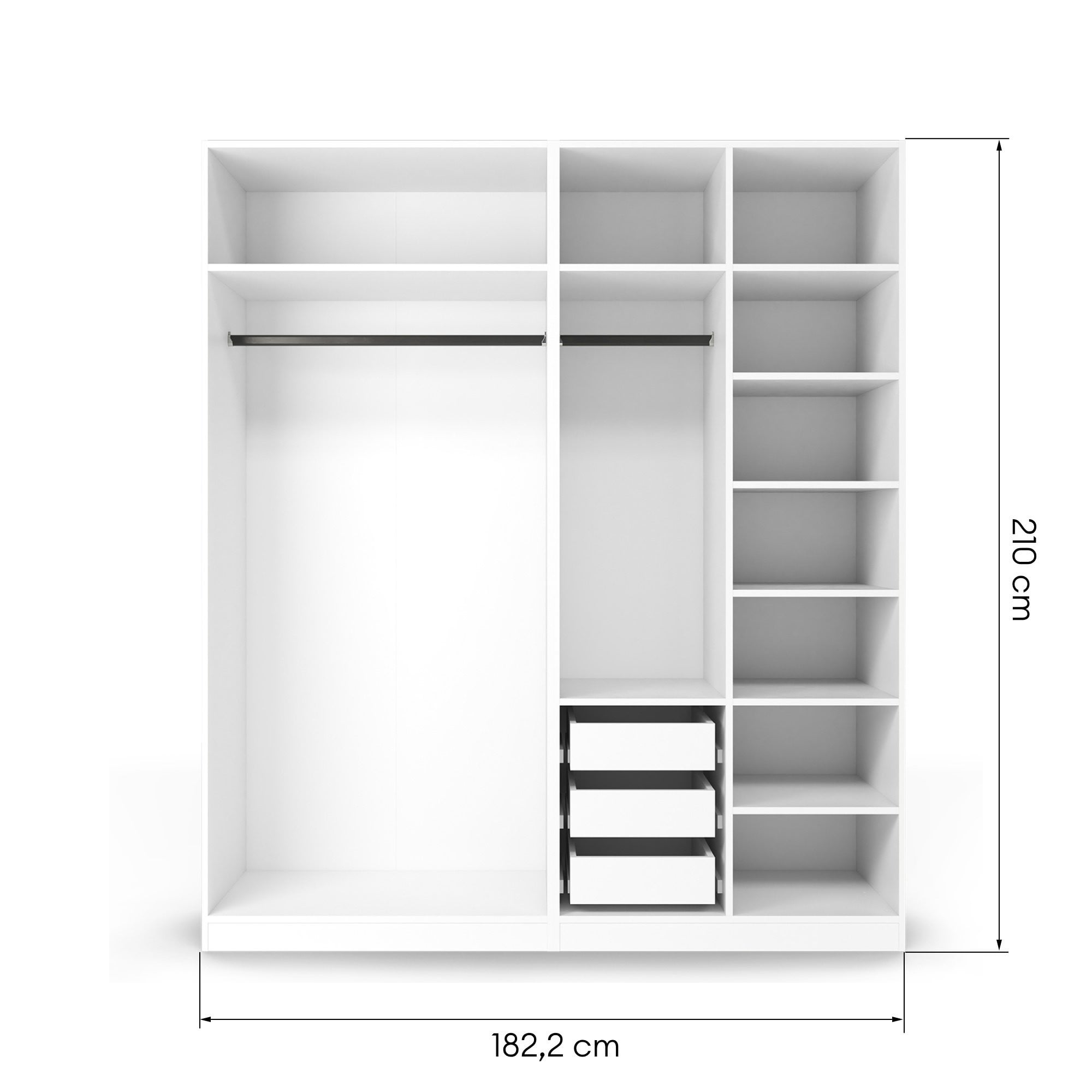 OCELLE Wardrobe, with 2 hanging rails, shelves, and 3 drawers, white, 182 cm