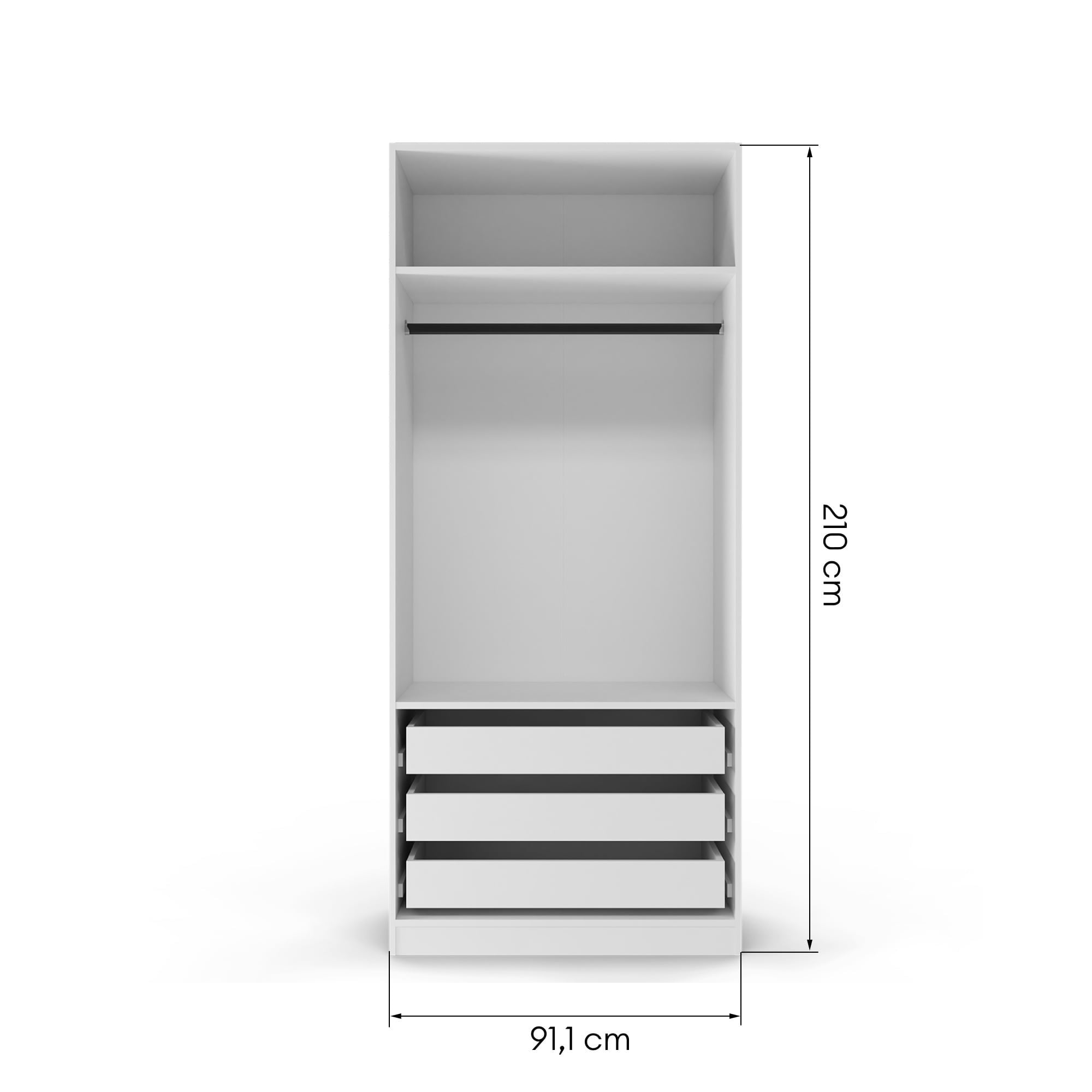 Skapis OCELLE, ar pakaramo stangu, plauktiem un 3 atvilktnēm, balts, 91 cm