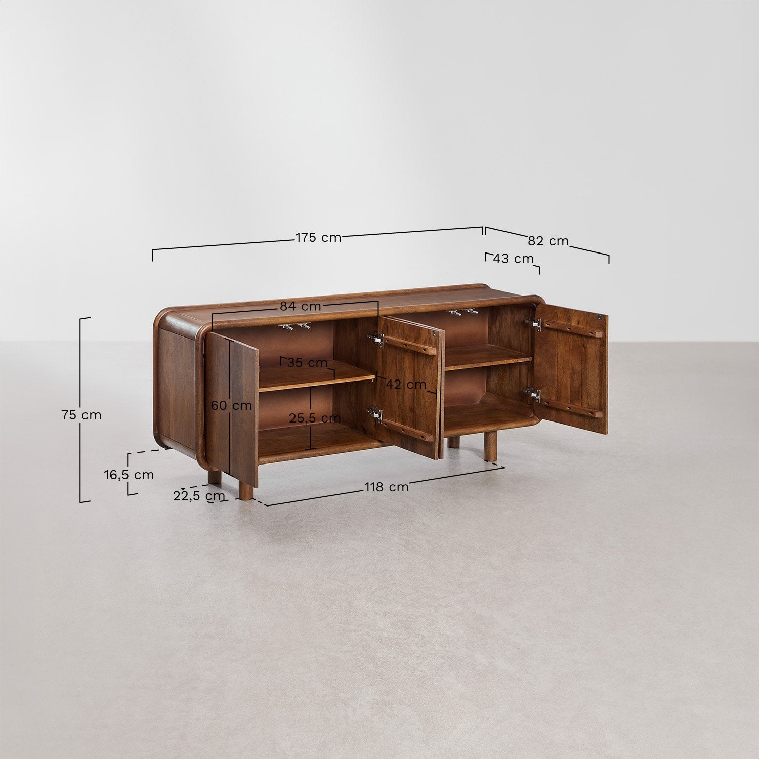 Komoda GITA, 173x43 cm, mango mediena, 4 durys