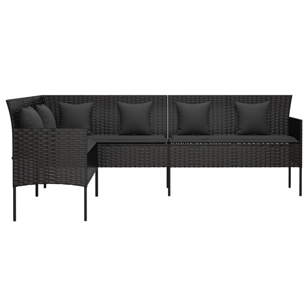 L formos sodo sofa su pagalvėlėmis, juodos spalvos, poliratanas - Namų Idėja