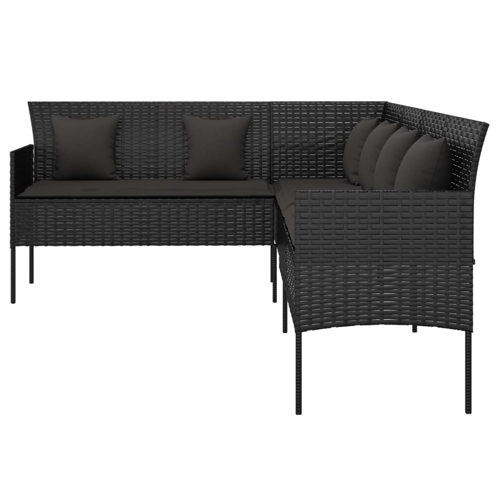 L formos sodo sofa su pagalvėlėmis, juodos spalvos, poliratanas - Namų Idėja