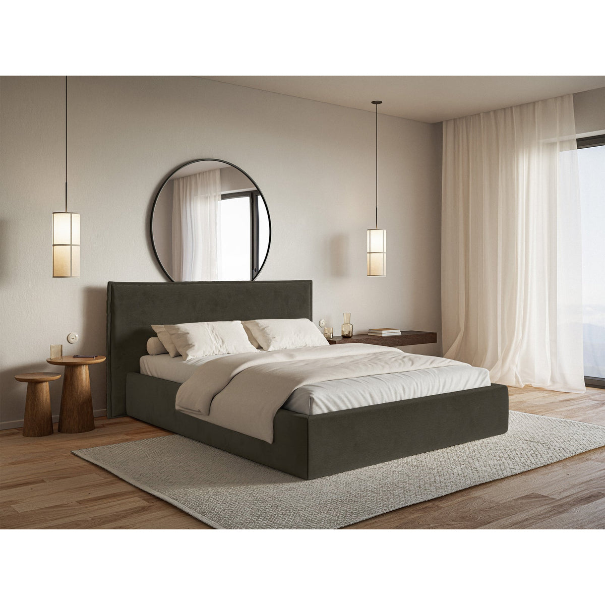 Minkšta lova SOFTIE, tamsiai žalia veliūras – rankenų detalė