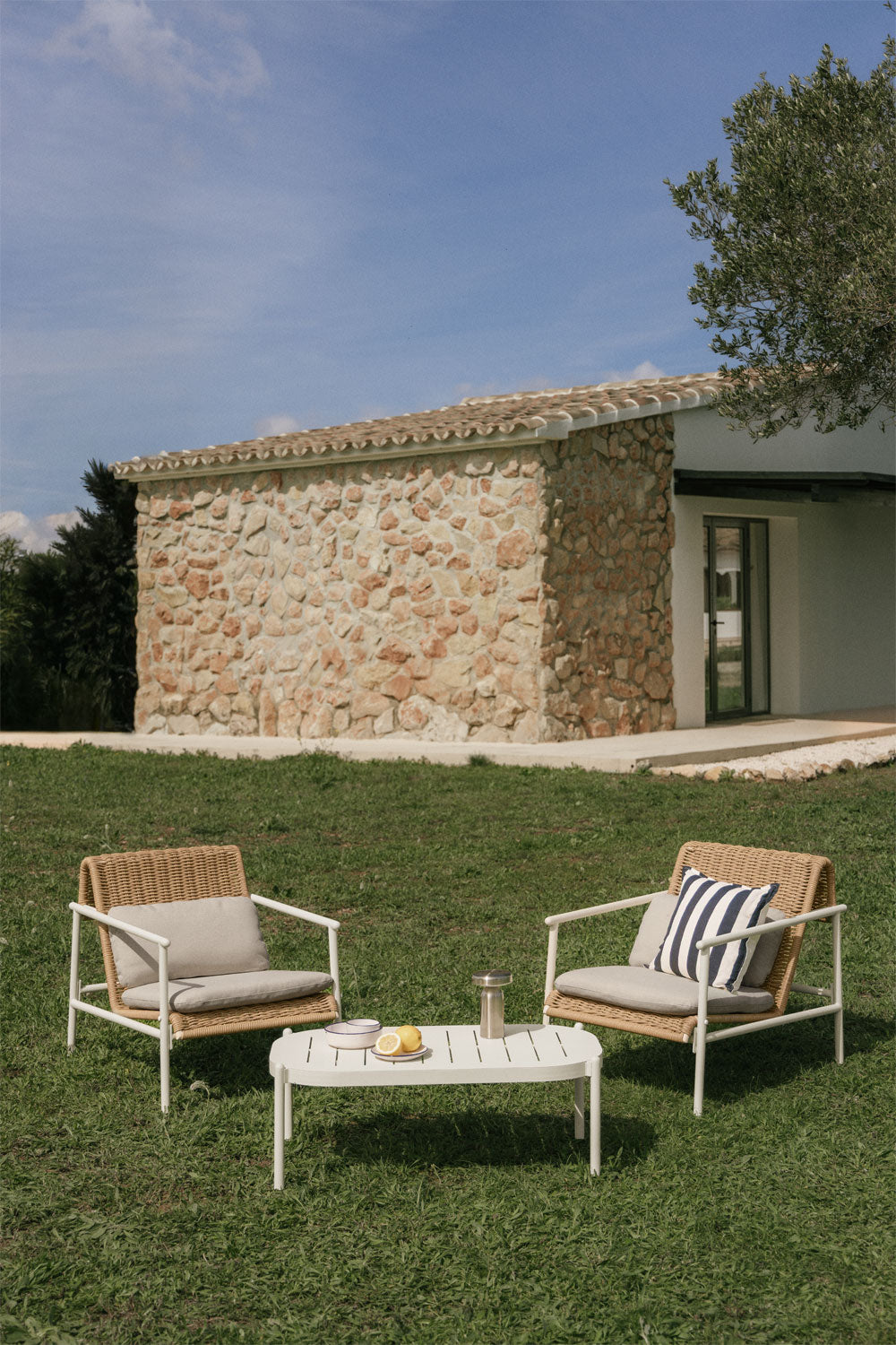 RATTAN outdoor set, armchairs and table, white