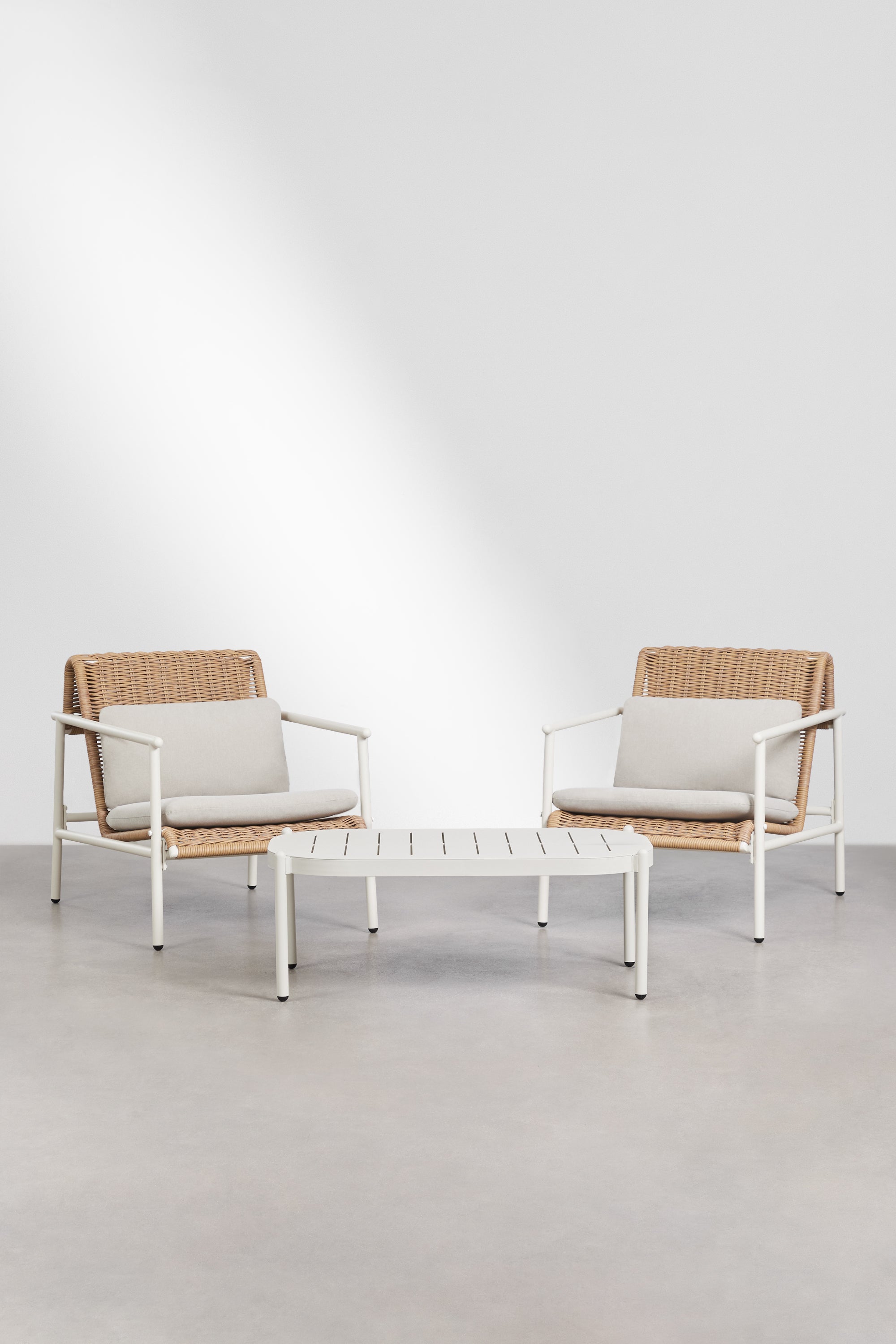 RATTAN outdoor set, armchairs and table, white