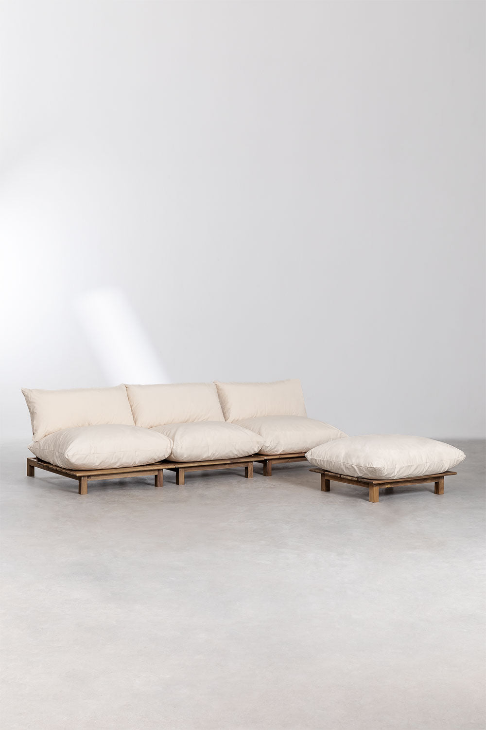 Lauko modulinė sofa ALBA su pufu, akacija, kreminė