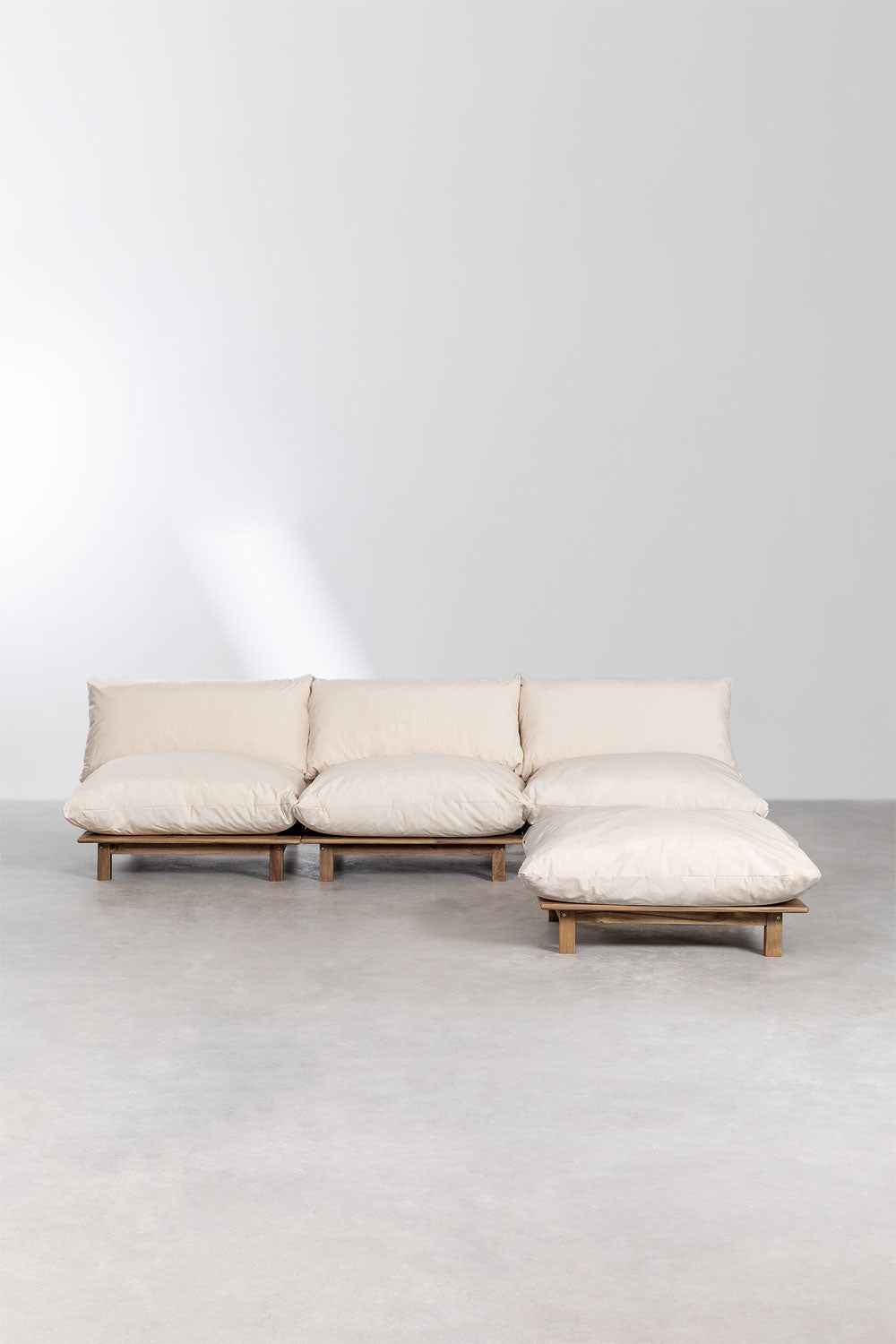 Lauko modulinė sofa ALBA su pufu, akacija, kreminė