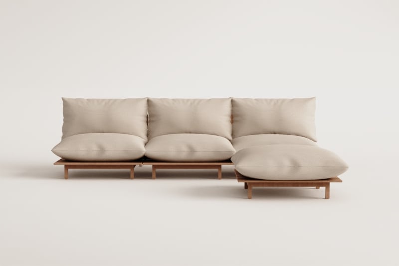 Lauko modulinė sofa ALBA su pufu, akacija, kreminė