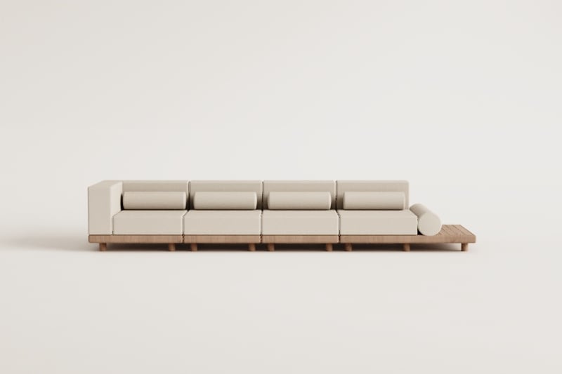 Lauko sofa KORKO su kampu ir šoniniu staliuku, 4 dalys, akacija