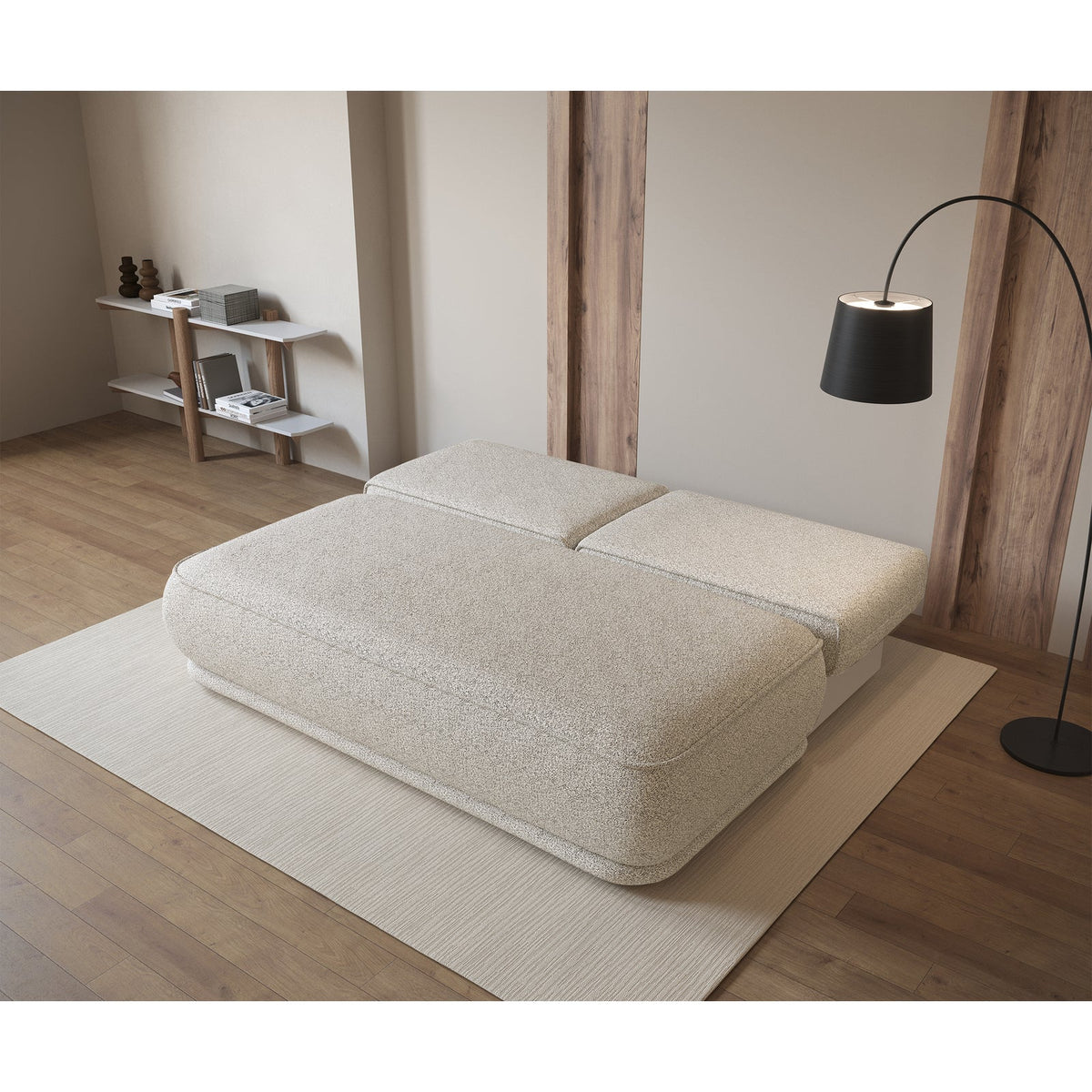Sofa-lova LINVERA, šviesiai smėlinė bouclė – atviros lentynos