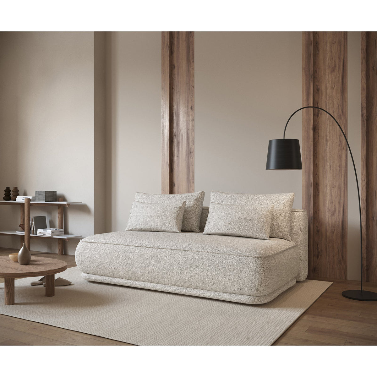Sofa-lova LINVERA, šviesiai smėlinė bouclė – uždaryta konfigūracija