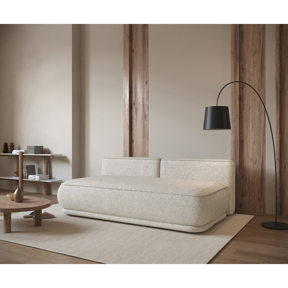Sofa-lova LINVERA, šviesiai smėlinė bouclė – vidaus talpa