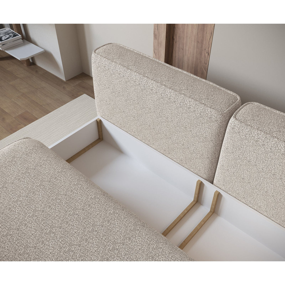 Sofa-lova LINVERA, smėlinė bouclė vakaro apšvietime