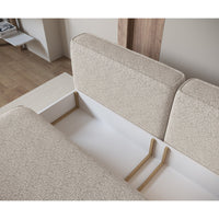 Sofa-lova LINVERA, smėlinė bouclė vakaro apšvietime