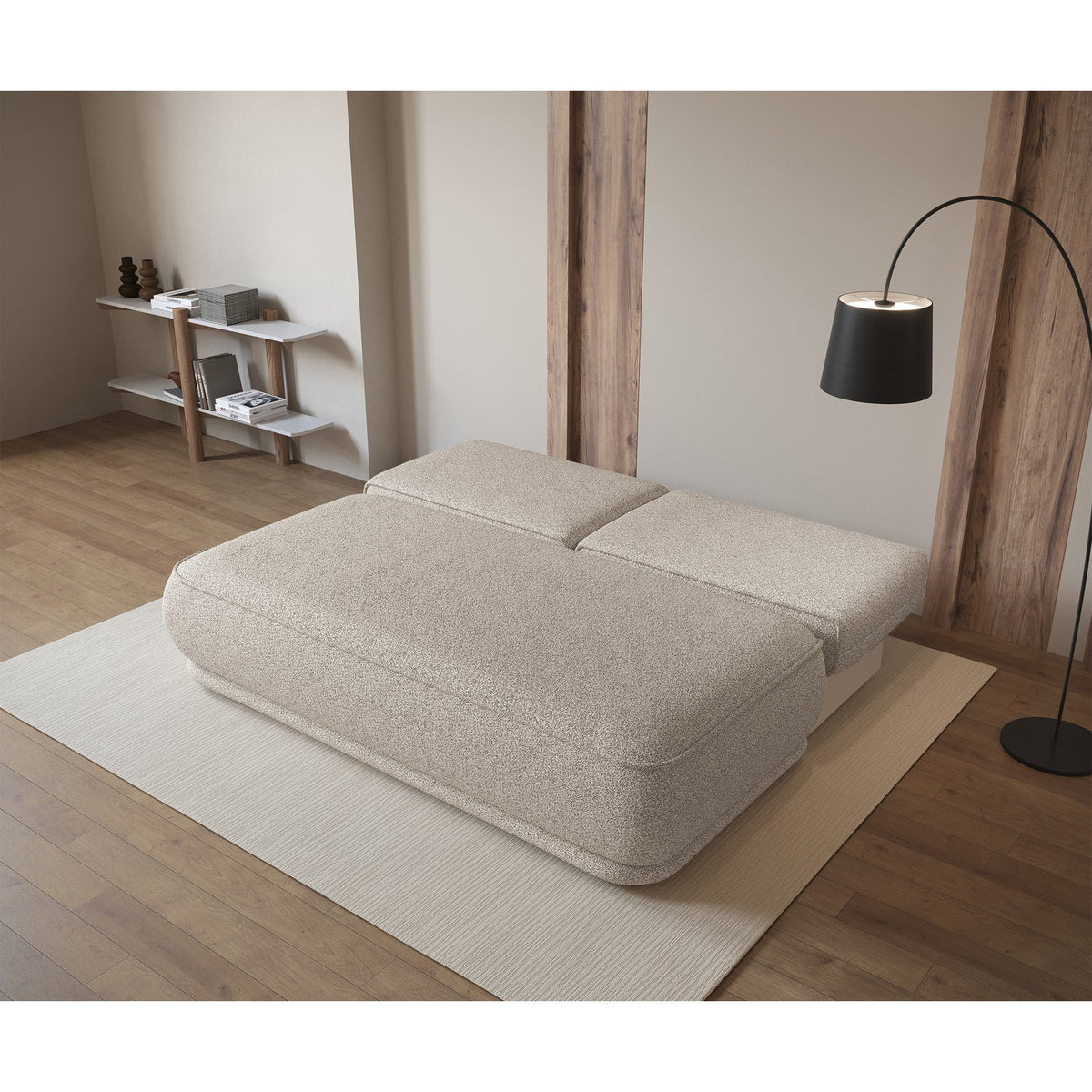 Sofa-lova LINVERA, smėlinė bouclė dienos šviesoje