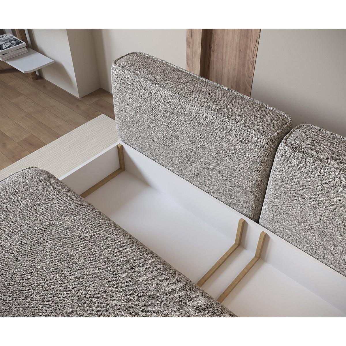 Sofa-lova LINVERA, tamsiai smėlinė bouclė valgomojo zonoje
