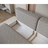 Sofa-lova LINVERA, tamsiai smėlinė bouclė valgomojo zonoje