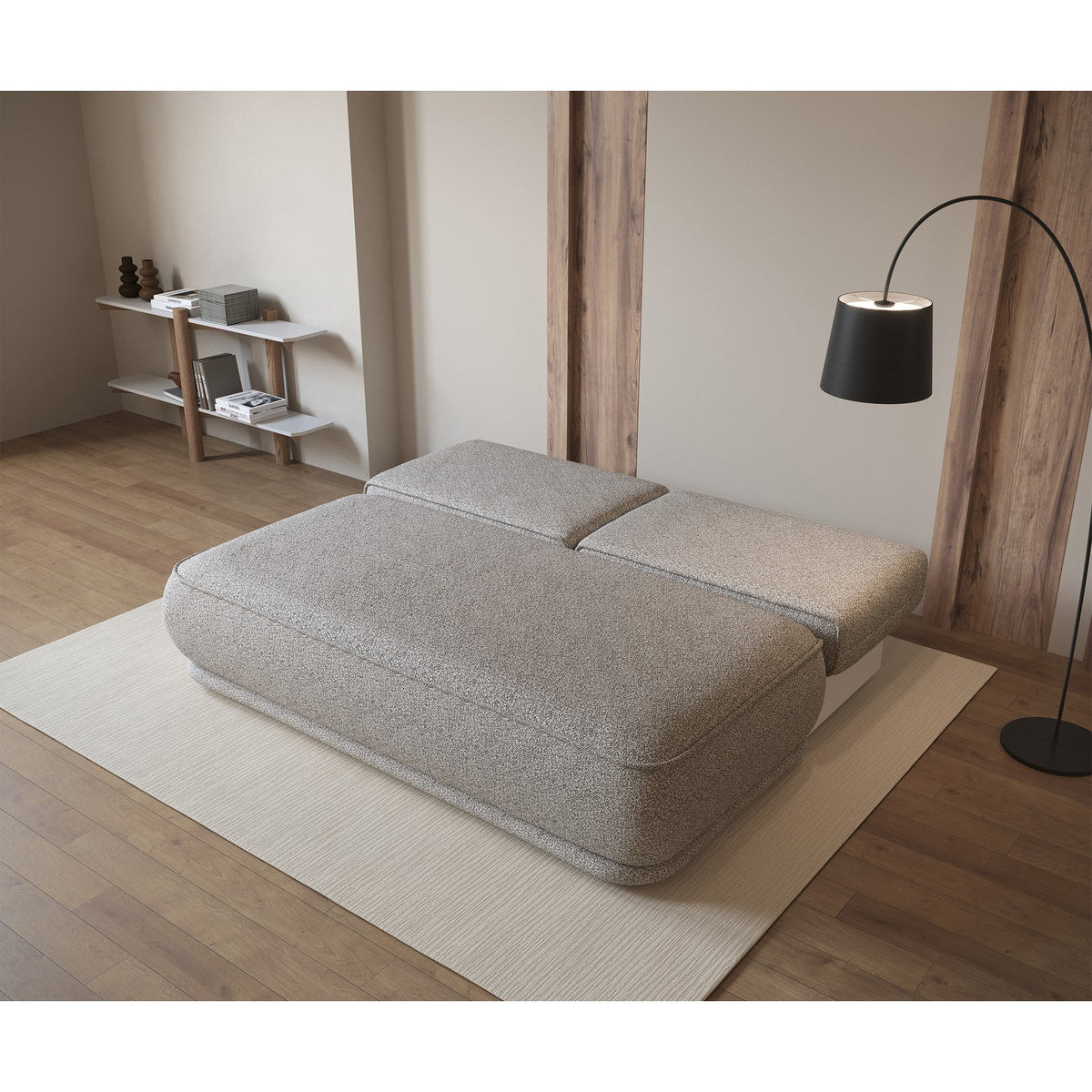 Sofa-lova LINVERA, tamsiai smėlinė bouclė prieškambaryje