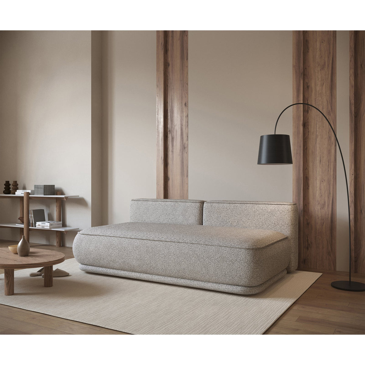 Sofa-lova LINVERA, tamsiai smėlinė bouclė miegamojo zonoje