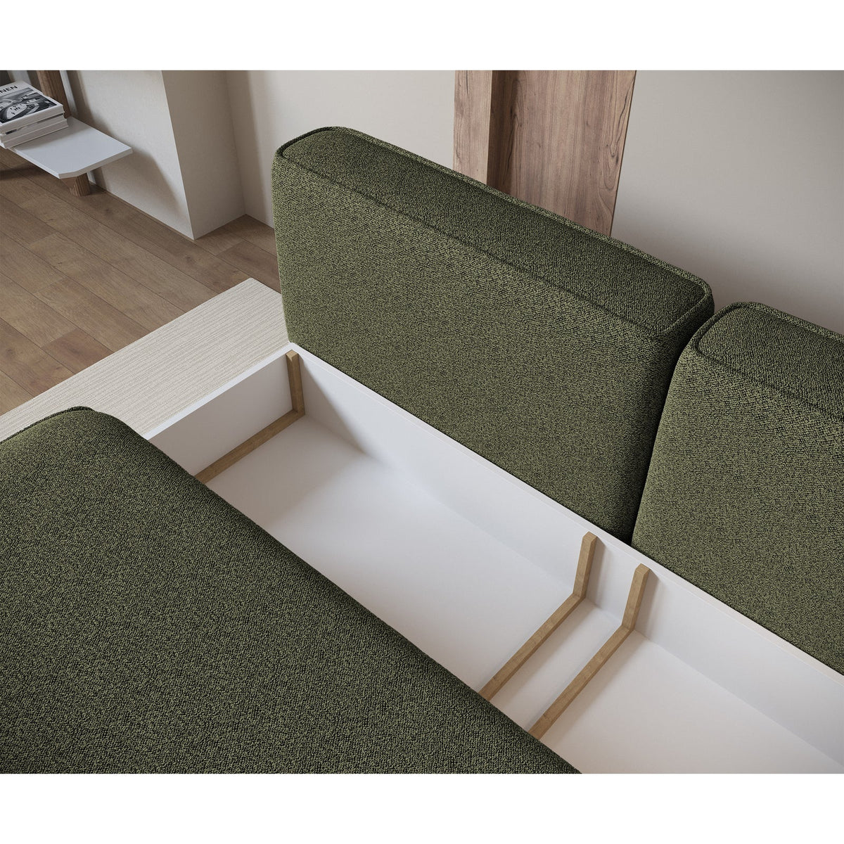 Sofa-lova LINVERA, alyvuogių bouclė – sėdynės vaizdas