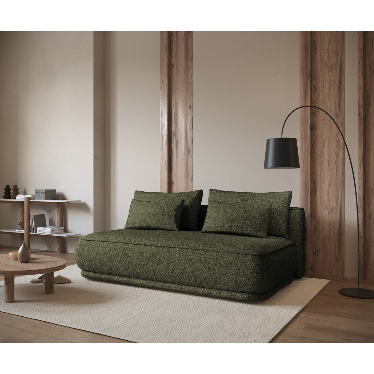 Sofa-lova LINVERA, alyvuogių bouclė – paviršiaus vaizdas