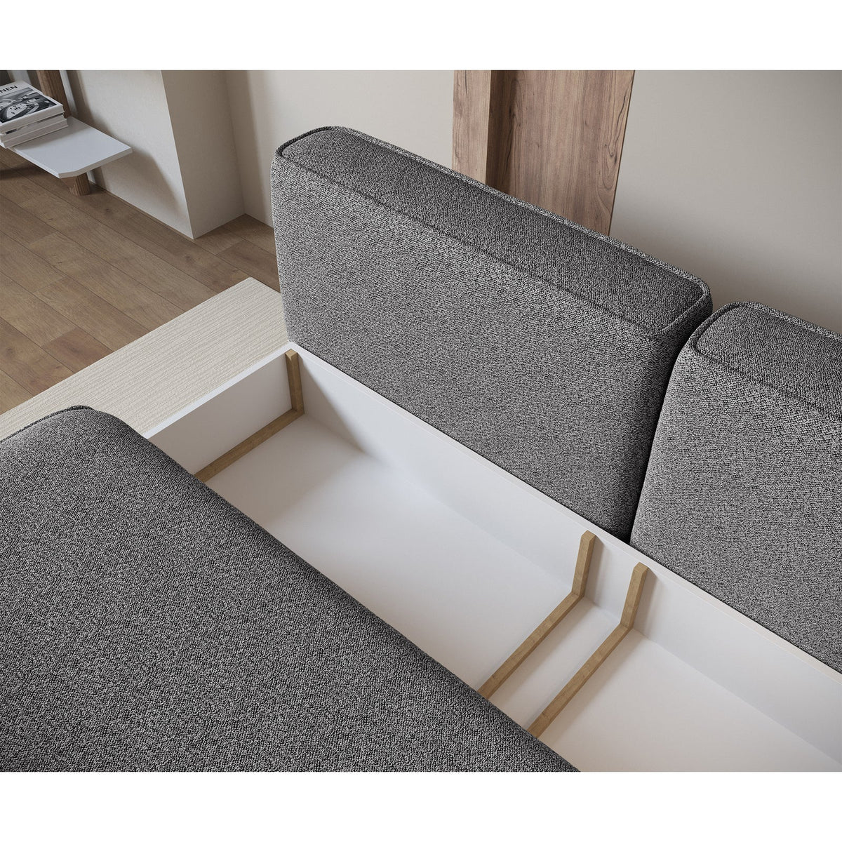 Sofa-lova LINVERA, pilka bouclė – užpakalinė dalis