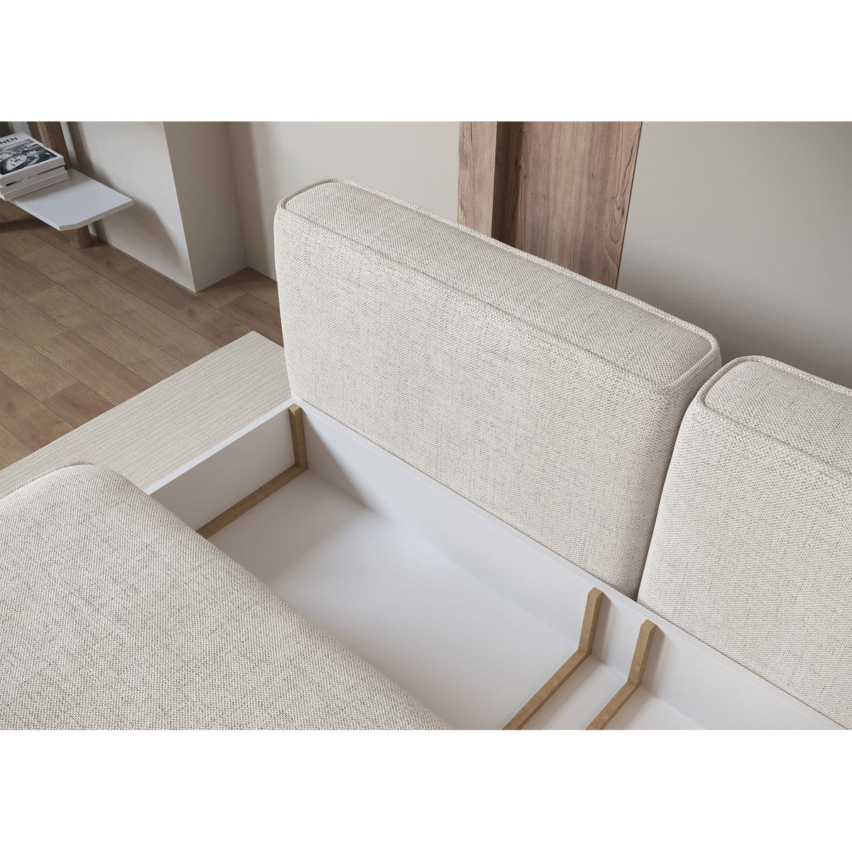 Sofa-lova LINVERA, kreminė šenilas kompozicijoje su kitais baldais