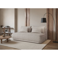 Sofa-lova LINVERA, šviesiai smėlinė šenilas miegamojo kompozicijoje