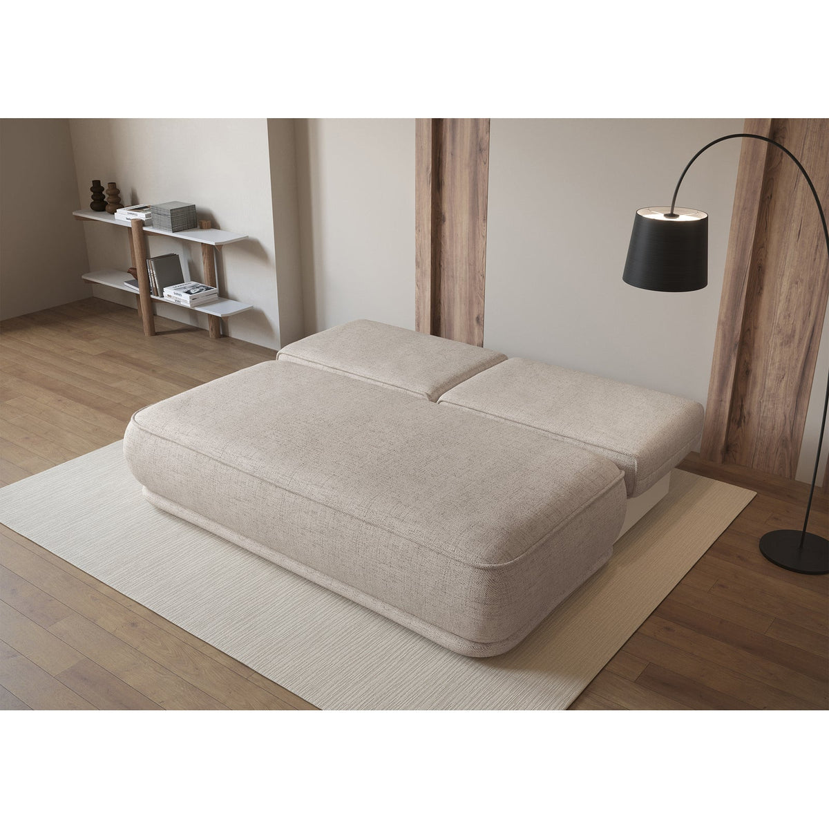 Sofa-lova LINVERA, šviesiai smėlinė šenilas su užuolaidomis fone