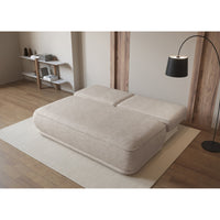 Sofa-lova LINVERA, šviesiai smėlinė šenilas su užuolaidomis fone