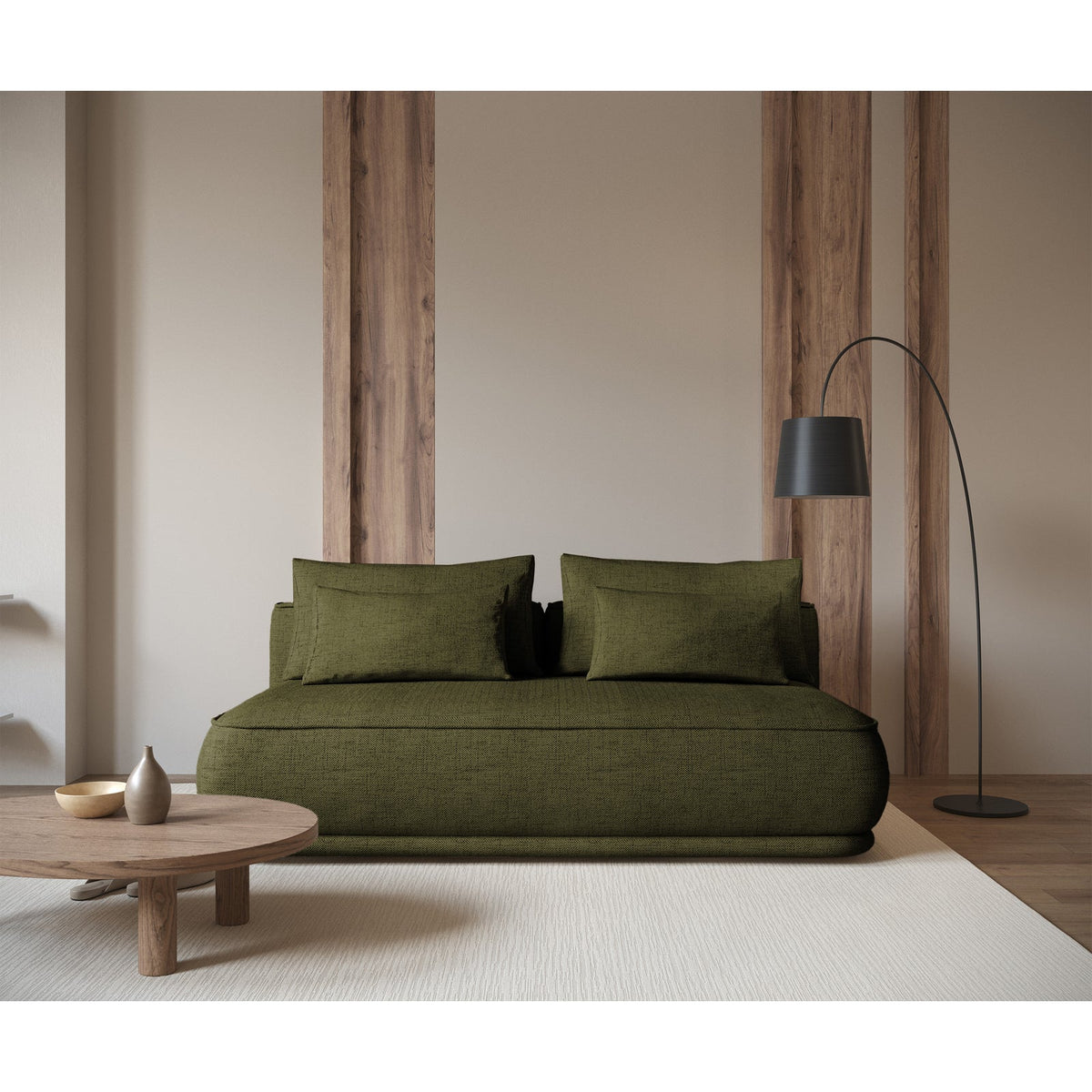 Sofa-lova LINVERA, alyvuogių šenilas – medžio tekstūros detalė