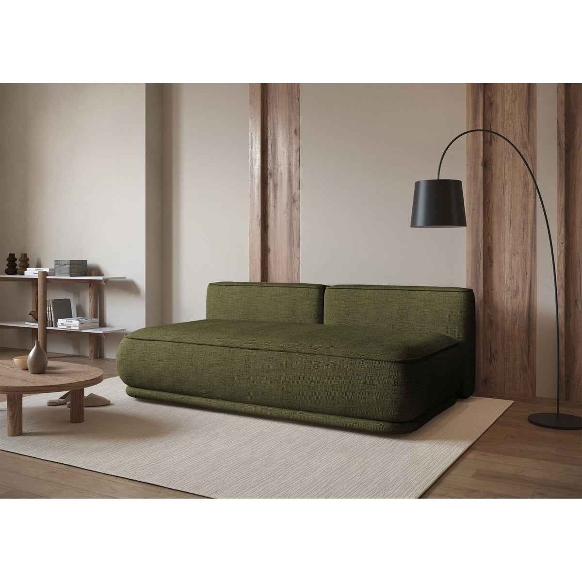 Sofa-lova LINVERA, alyvuogių šenilas – blizgaus paviršiaus detalė