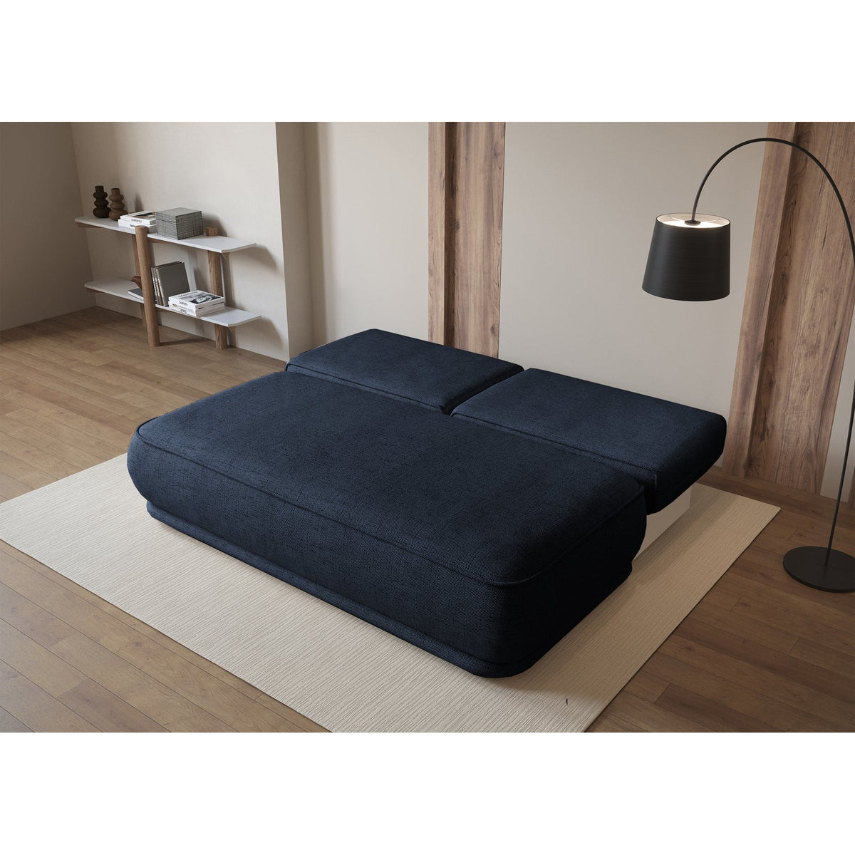 Sofa-lova LINVERA, tamsiai mėlyna šenilas su knygomis ir dekoru