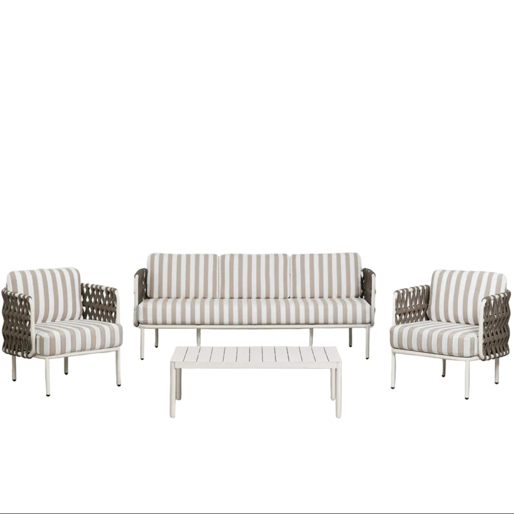 Lauko baldų komplektas TEVARY, sofa, foteliai, staliukas, mokos ruda ir balta