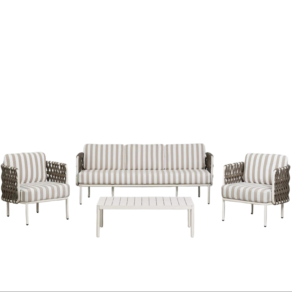 Lauko baldų komplektas TEVARY, sofa, foteliai, staliukas, mokos ruda ir balta