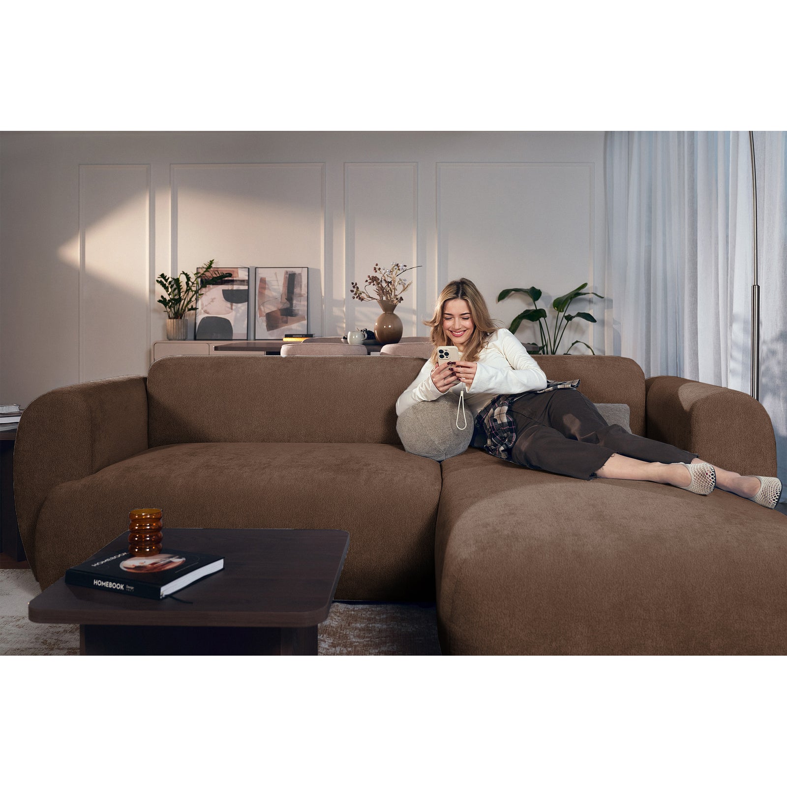 Kampinė sofa-lova EMIA, ruda, dešinė