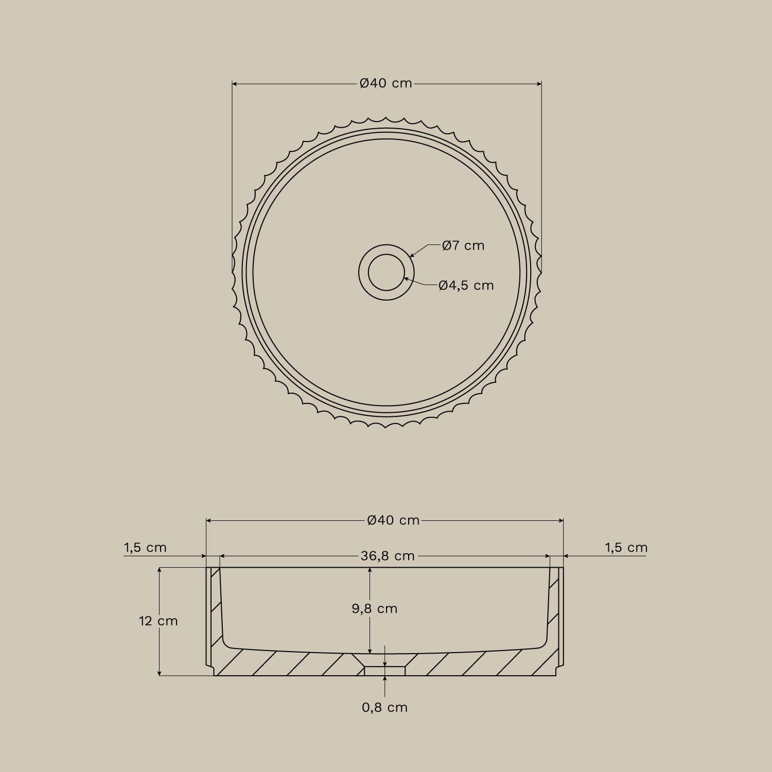 Round washbasin VORUUNO Ø40 cm, cement