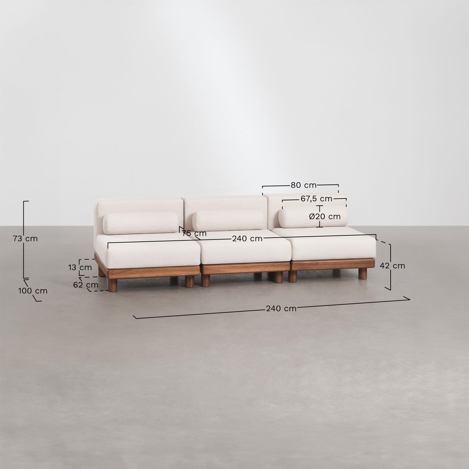 KORKO modular outdoor sofa with pouffe, acacia