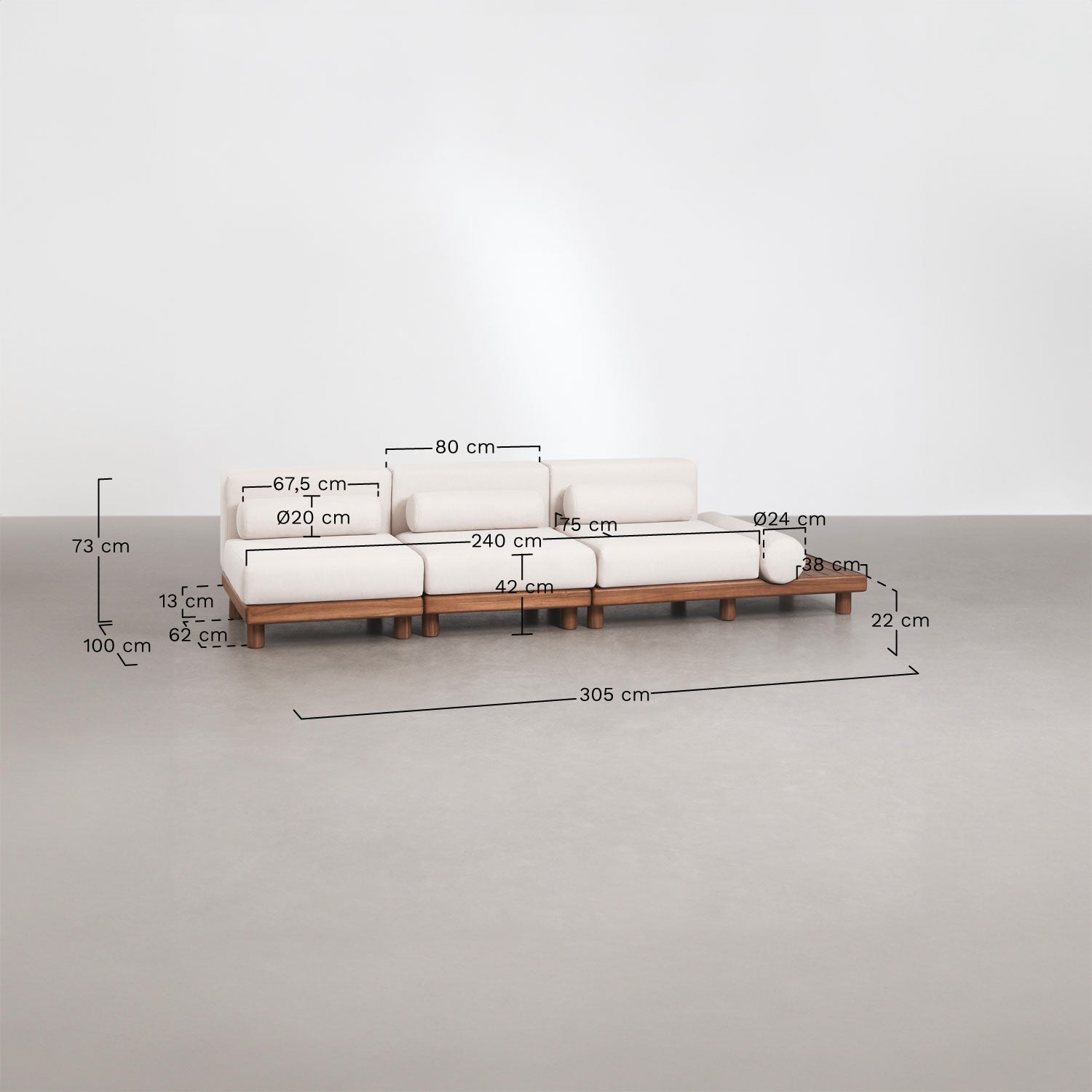 Modulinė lauko sofa KORKO su šoniniu staliuku, akacija