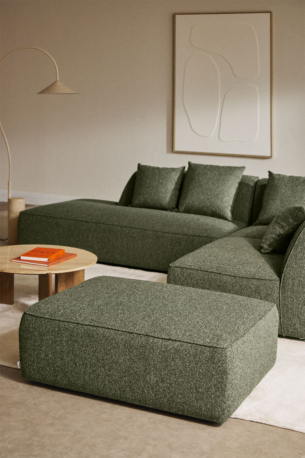 Pufas KARDENA, šalavijo žalios spalvos boucle, 96x73 cm