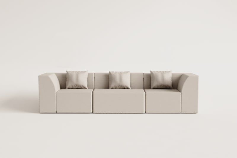 Modulinės sofos KARDENA bendras vaizdas iš šono, šalavijo žalios spalvos boucle boucle
