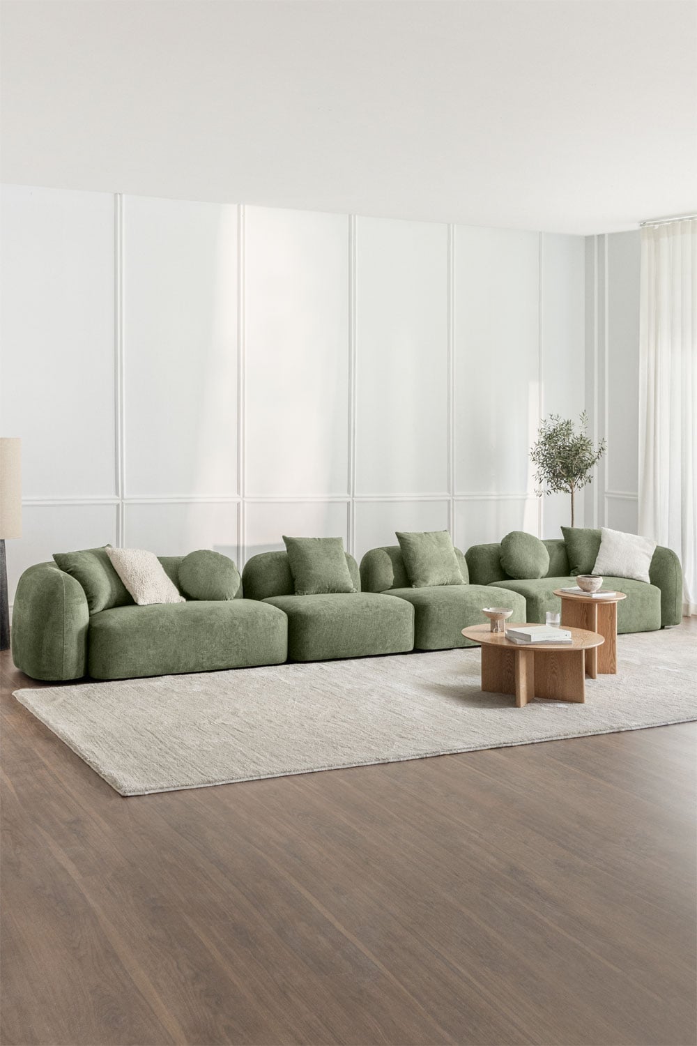 Modulinė sofa KOKONA iš priekio, šalavijo žalia šenilo audinys
