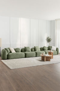 Modulinė sofa KOKONA iš priekio, šalavijo žalia šenilo audinys