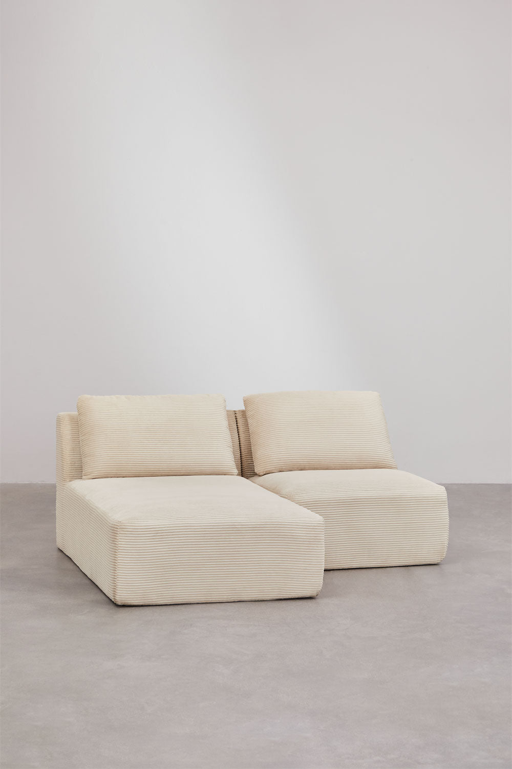 Modulinės sofos TEMPLENA bendras vaizdas iš šono, smėlio spalvos velvetas velvetas