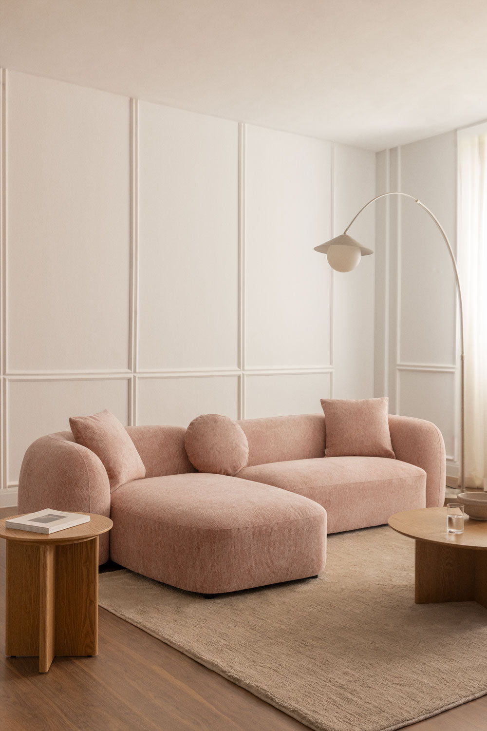 Modulinė sofa KOKONA su kairiuoju gultu, rožinio kvarco šenilas, 284 cm