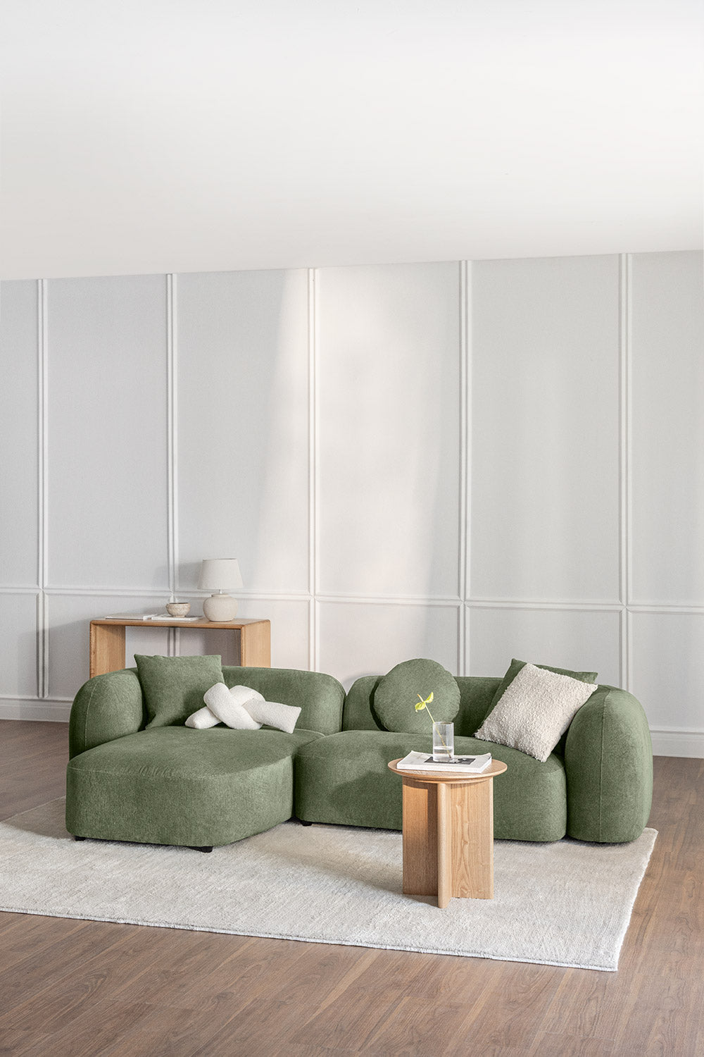 Modulinė sofa KOKONA su kairiuoju gultu, šalavijo žalios spalvos šenilas, 284 cm